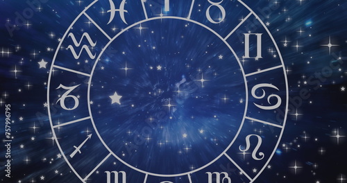 Composition of aries star sign symbol in spinning zodiac wheel over glowing stars