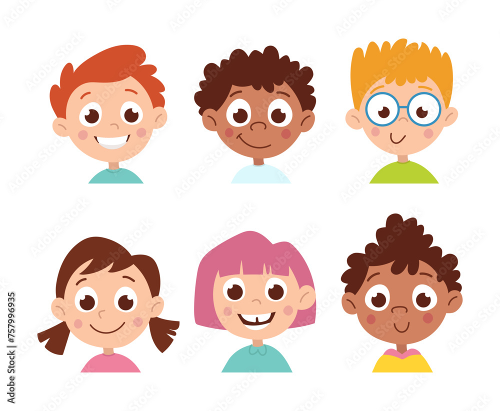 Set of avatars of happy international children. Boys and girls icons. Vector flat cartoon illustration isolated on white Set of avatars of happy international children. Boys and girls icons. Vector flat cartoon illustration isolated on white