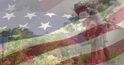 Image of flag of united states of america over african american father and daughter gardening