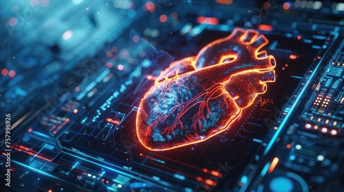 Bioprinted Heart Data Visualized on Cutting-Edge ECG Machine in Sci-Fi Illustration Style © Sittichok