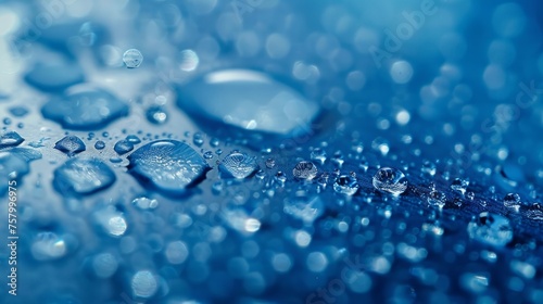 Water drops close-up on blue, symbolizing freshness and purity.