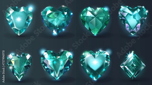 Modern realistic set of glowing gemstones in shape of hearts and crystal gems with magic light. Isolated emerald stones and blue glass crystals on a transparent background.
