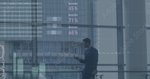 Image of data processing over caucasian businessman using smartphone