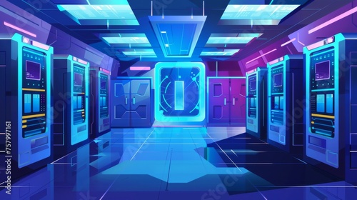 Concept of bigdata technology, cloud information base, artificial intelligence in a modern cartoon interior of a future data center room.