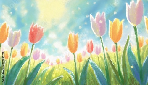Illustration background of spring tulip field.