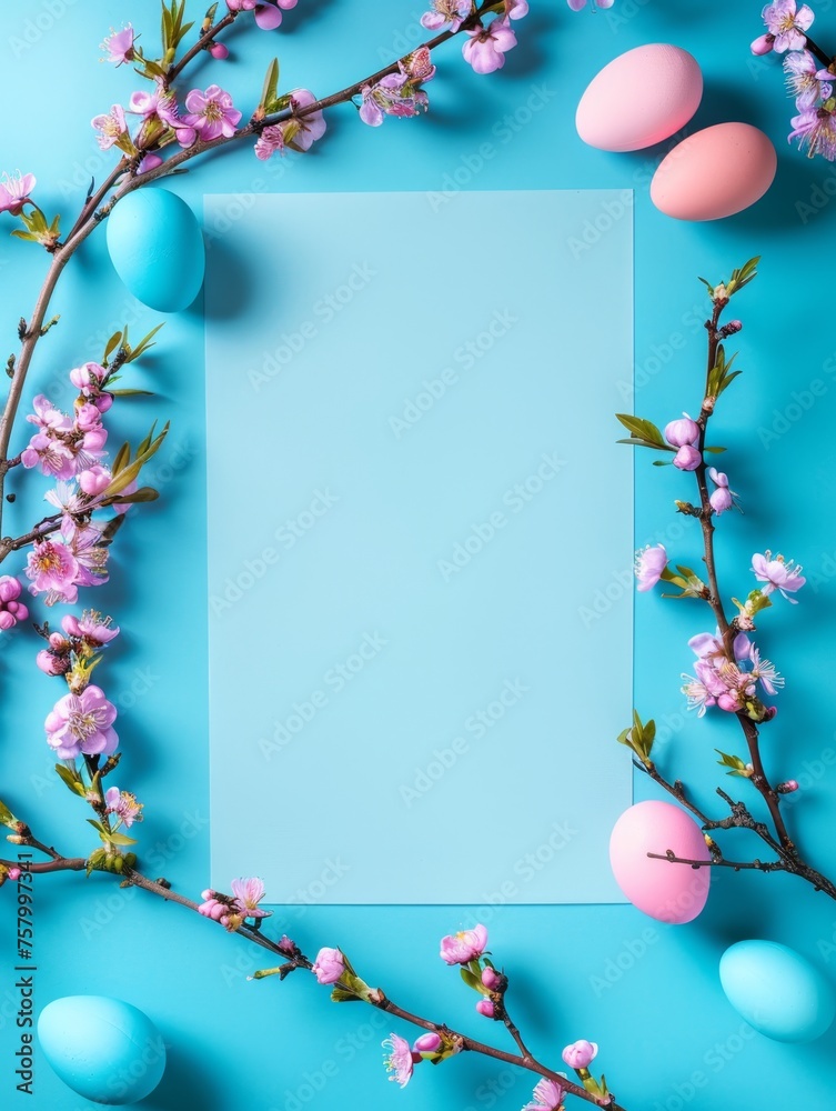 Easter holiday border and frame template. Happy Easter Day. Elegant egg and paper blank in center. Beautiful flower. Branding mock up, holiday marketing concept. soft color background Easter holiday border and frame template. Happy Easter Day. Elegant egg and paper blank in center. Beautiful flower. Branding mock up, holiday marketing concept. soft color background