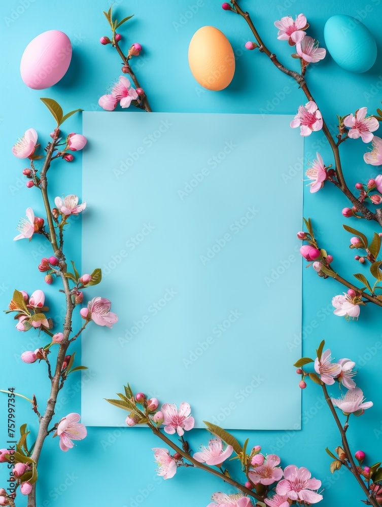 Easter holiday border and frame template. Happy Easter Day. Elegant egg and paper blank in center. Beautiful flower. Branding mock up, holiday marketing concept. soft color background Easter holiday border and frame template. Happy Easter Day. Elegant egg and paper blank in center. Beautiful flower. Branding mock up, holiday marketing concept. soft color background