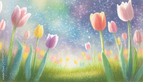 Illustration background of spring tulip field. #757997362
