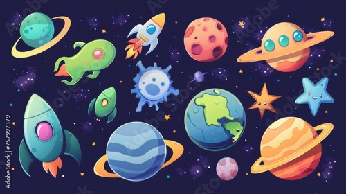 An alien planet  an astronaut  a funny extraterrestrial  and a rocket in space on a background of outer space. This modern cartoon set depicts a spaceship  a cosmonaut  and a green alien character in