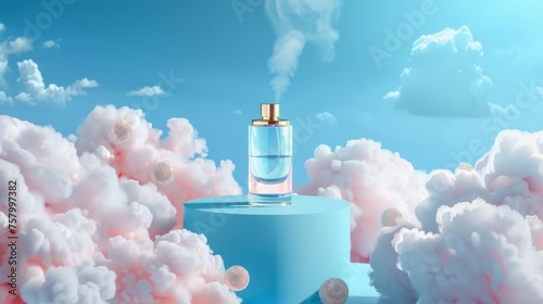 This mock up banner shows a spray bottle of perfume on a podium with clouds in the sky. The bottle is shown on a blue background with a glass flask. Scent fragrance cosmetic product promotion photo