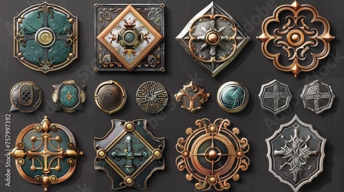Sprite sheet of art deco buttons isolated on black background. Realistic modern illustration of bronze, gold, silver metal luxury UI frames with sophisticated decoration. Medieval style border.