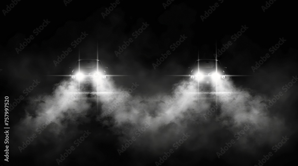 White car headlight beam top view isolated on dark transparent background. Smoky or foggy effect at night with vapor clouds. - obrazy, fototapety, plakaty 