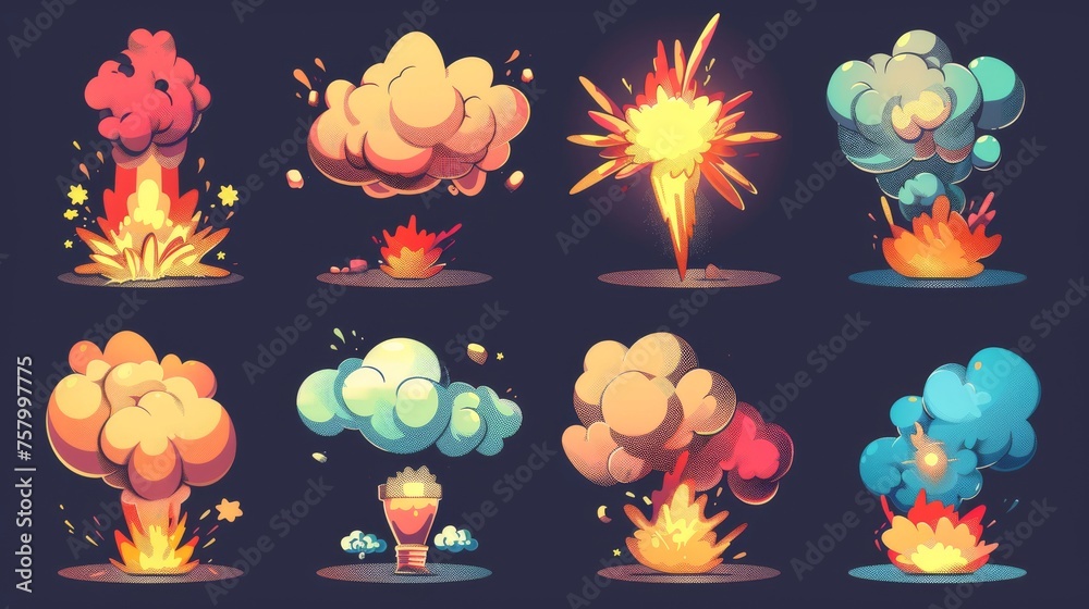 Obraz premium Isolated modern icons of a cartoon dynamite explosion with smoke and boom clouds. Atomic comics detonators for animations for mobile phones, isolated modern icons for UI design. Dangerous explosive