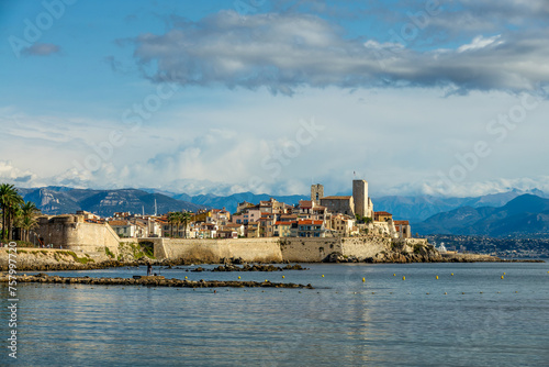 View of the rampart walls and the old town of Antibes on the French Riviera in the South of France