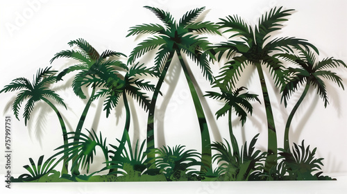 This is an illustration of cutout palm trees in the shape of green metal on white background. The art style features tropical rainforest vegetation  and the scene includes silhouettes of tall trees wi