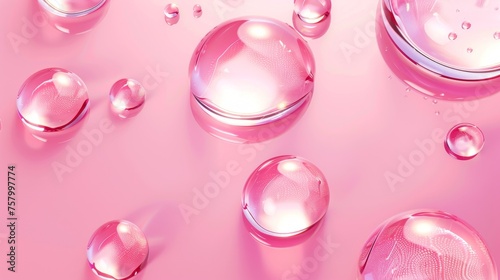 Serum drops on pink surface background. Modern illustration of blobs with three-dimensional gel, oil, collagen, jelly, and water textures. Hyaluronic acid cosmetic care product.