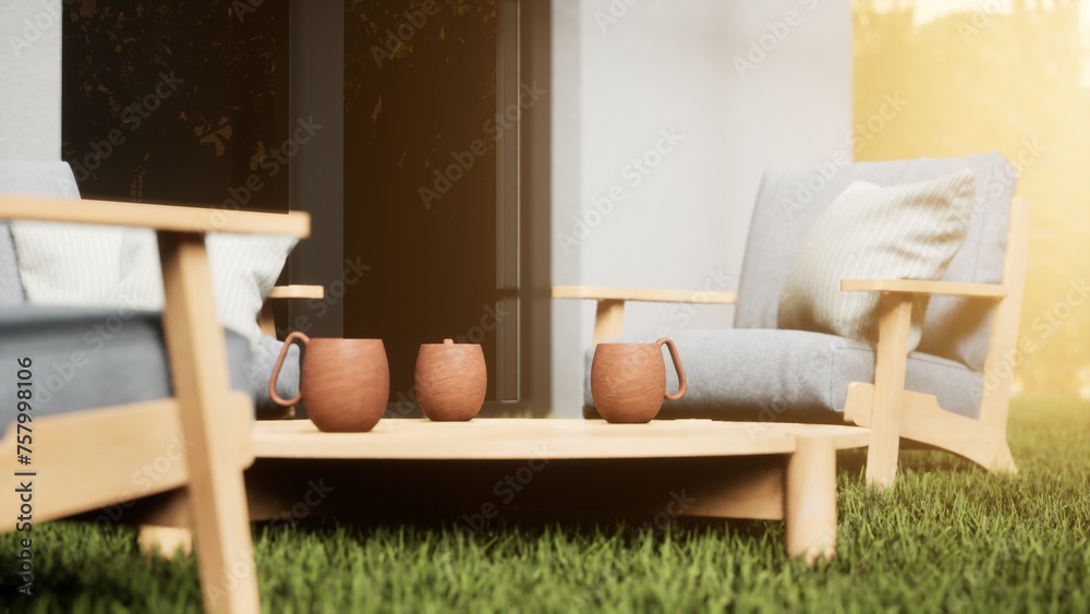 Fototapeta premium design and furniture in modern patio. 3d render