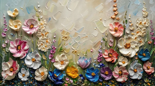 Oil impasto painting of colorful flowers on canvas. Beautiful abstract macro knife painting... © DELstudio