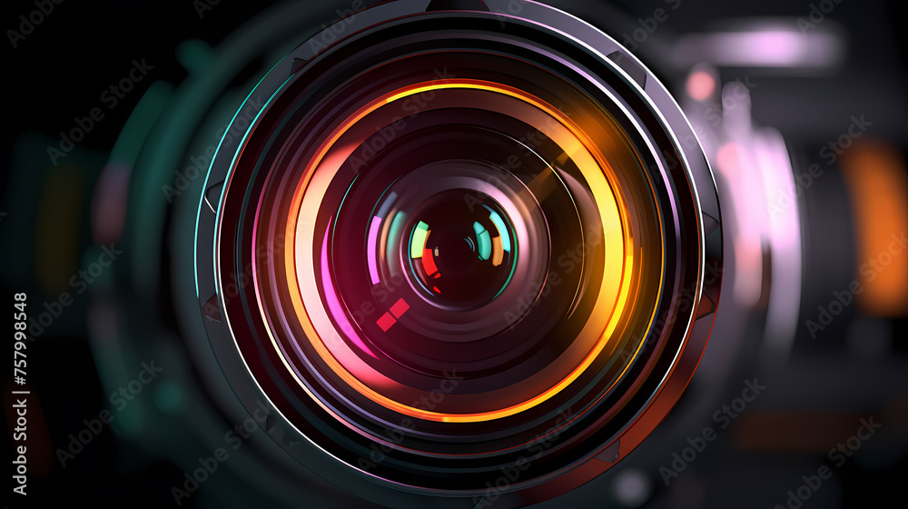Camera lens with purple backlight - obrazy, fototapety, plakaty 