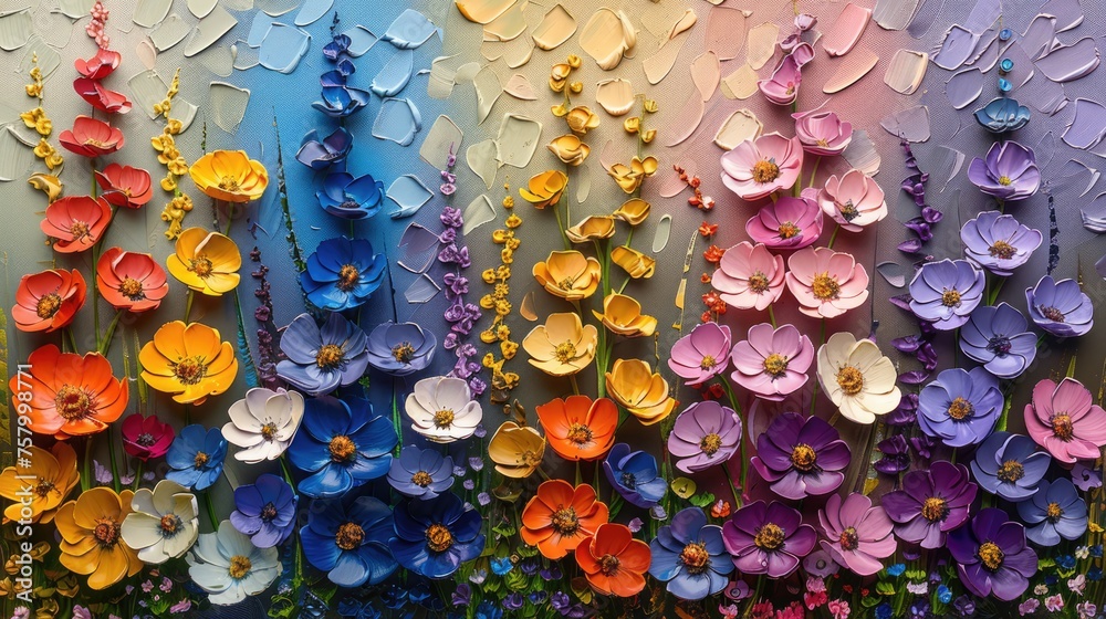 Obraz premium Oil impasto painting of colorful flowers on canvas. Beautiful abstract macro knife painting...