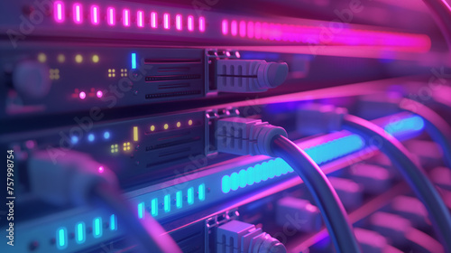 Detailed view of a modern network server with glowing blue Ethernet cables and switches