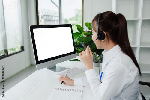 Customer service, woman and happy call center agent giving advice online using a headset. blank white screen computer