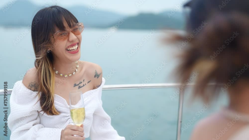 Group of Asian man and woman friends enjoy and fun luxury outdoor lifestyle celebration party drinking champagne together during travel ocean on sailing private catamaran boat yacht on summer vacation Group of Asian man and woman friends enjoy and fun luxury outdoor lifestyle celebration party drinking champagne together during travel ocean on sailing private catamaran boat yacht on summer vacation
