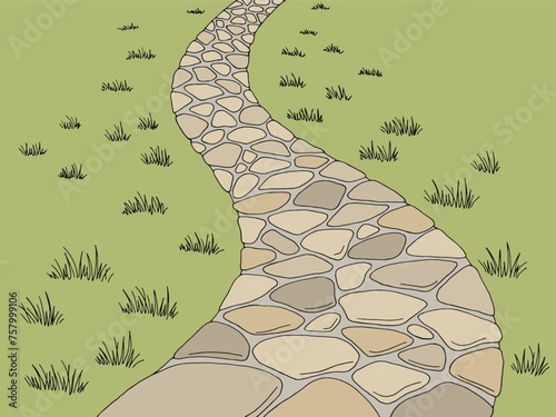 Park road landscape graphic color sketch illustration vector