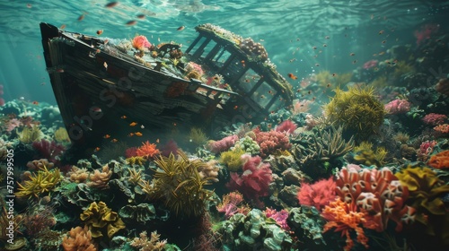 Shipwreck and coral reef its wooden structure home to myriad of sea life - Water and colorful coral contrast with the decaying ship, symbolizing nature reclaiming created with Generative AI Technology © Sentoriak