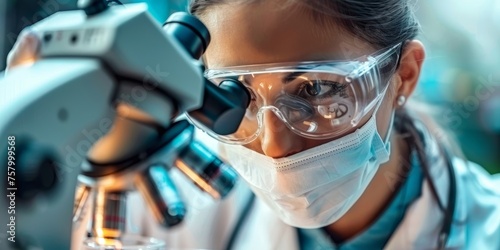 A woman wearing a lab coat and goggles is looking through a microscope