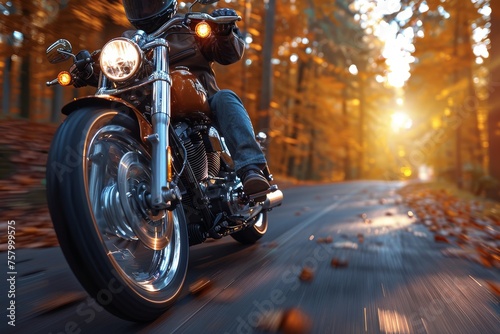 A close-up of a classic motorcycle riding on a serene forest road adorned with fall foliage and the golden glow of the setting sun