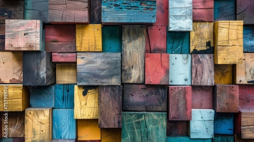 Colorful aged wooden blocks texture  creating an artistic wood grain backdrop.