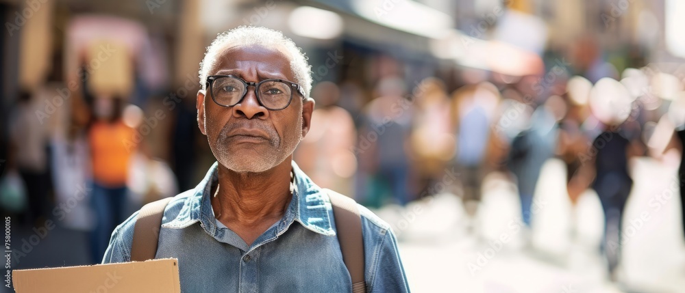 Afro older man standing alone on the crowded street, serious face ...