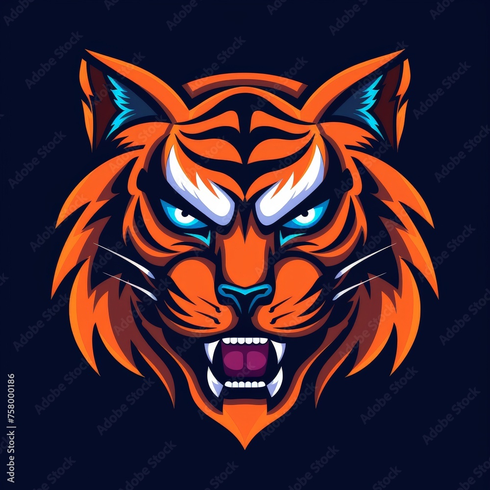 a tiger head with blue eyes and fangs