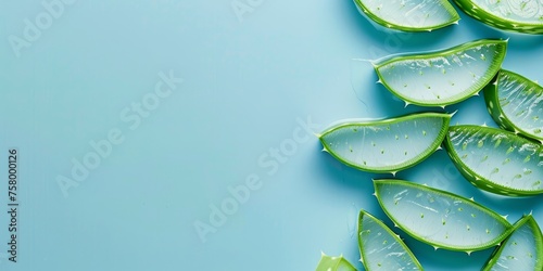 A blue background with a bunch of green aloe vera leaves