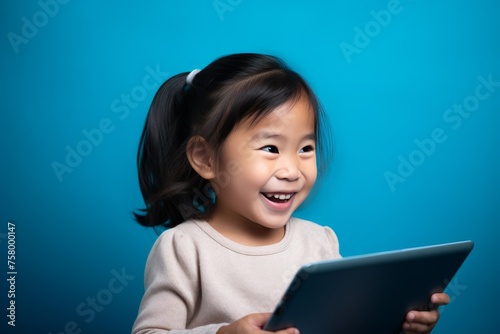 Happy Asian Girl Holding Tablet on Solid Blue Background. Generative AI.