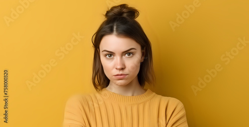 Serene woman in mustard yellow, ideal for fashion and lifestyle.Calm woman in a mustard yellow sweater, suitable for lifestyle brands, fashion blogs, and minimalist aesthetics.