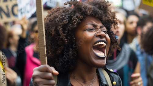 African woman demonstration standing with protest sign in the crowd and screaming © Andrii