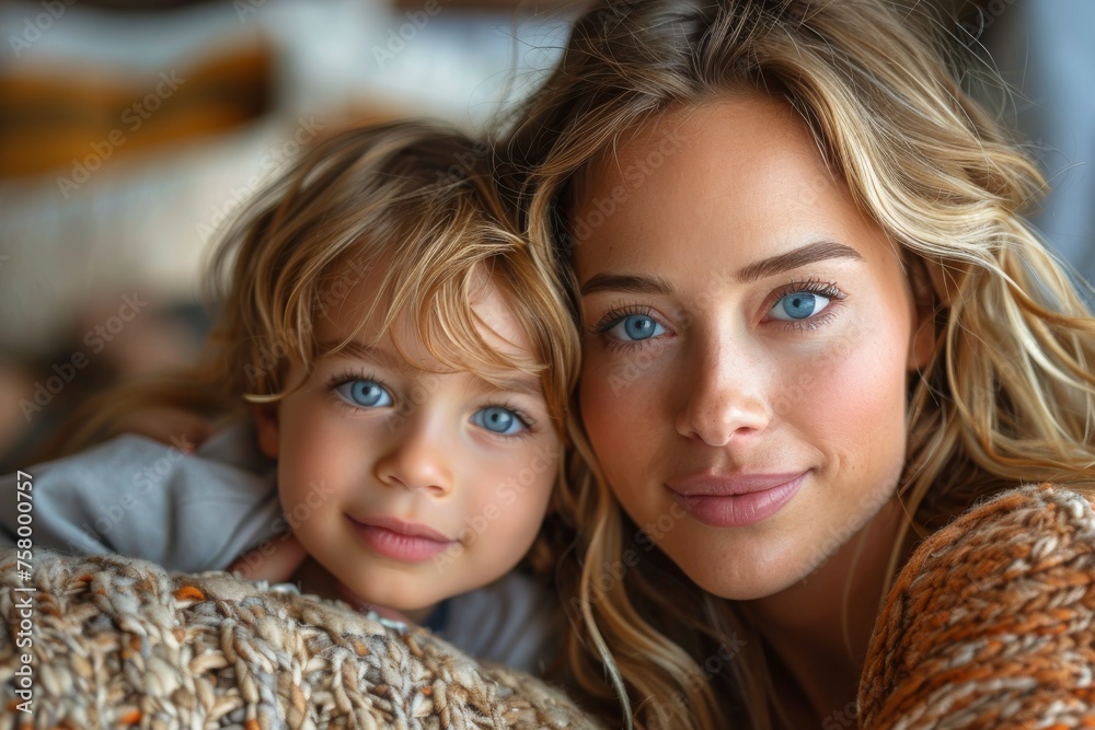 An intimate and detailed portrait of a young girl leaning on a woman’s shoulder, both with magnetic blue eyes and natural looks