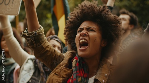 Afro woman standing with protest sign in the crowd and screaming