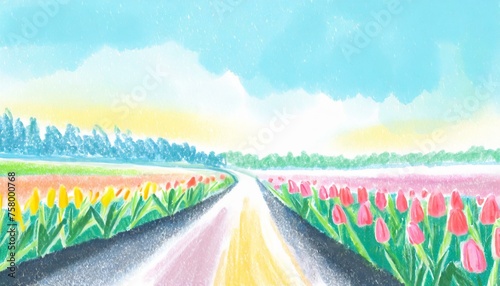 Illustration background of tulip field and single road. photo