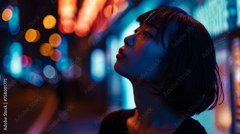 Asian girl with jellyfish haircut on the night street