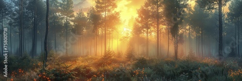 A vibrant forest at sunrise  representing nature s strength and balance amid a gentle dawn.