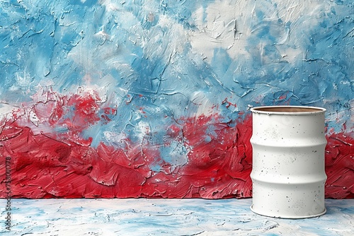 A bold statement is made with a clean white oil barrel positioned against a vibrant hand-painted background photo