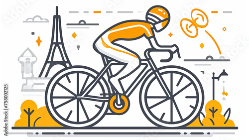 simple line art minimalist collage illustration with professional track racing cyclist on a track bike and Eiffel Tower in the background, olympic games, wide lens photo