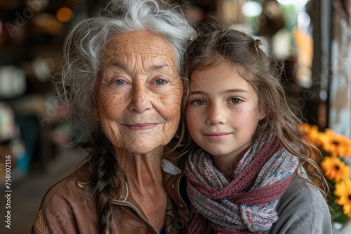 A heart-touching portrait of an elderly woman and young girl with tender smiles and a close familial bond