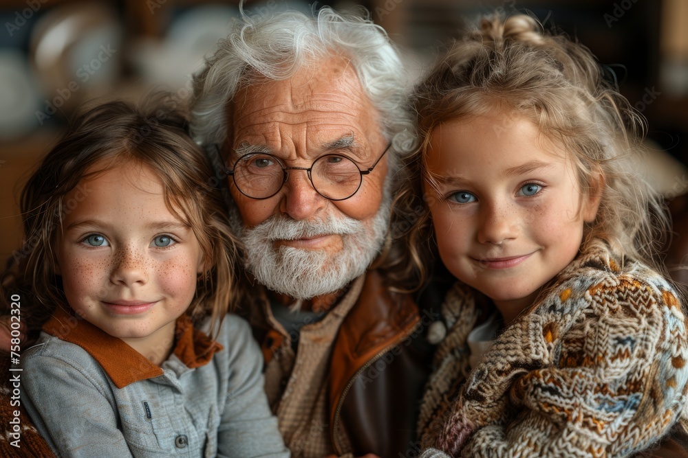 Warm portrait of a happy elderly man with two young girls, highlighting a close-knit family bond Warm portrait of a happy elderly man with two young girls, highlighting a close-knit family bond