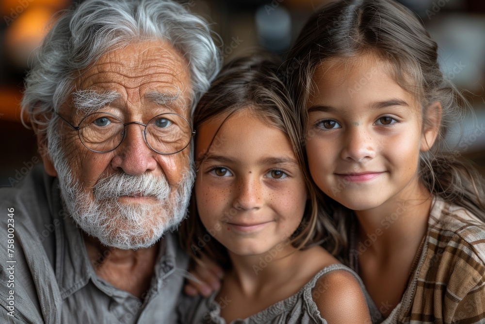 An endearing portrait of an elderly man with loving young girls, with a backdrop suggesting a cozy interior An endearing portrait of an elderly man with loving young girls, with a backdrop suggesting a cozy interior