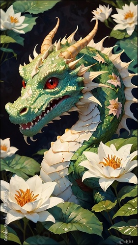 dragon with white rose and lily