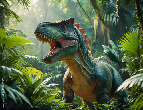 Prehistoric dinosaur in vibrant jungle environment